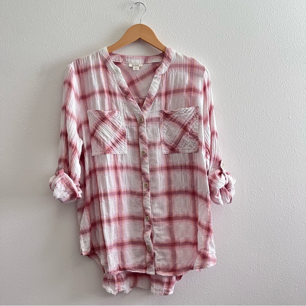 a.n.a Pink and White Gauzy Plaid Shirt